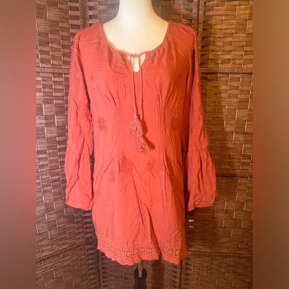 Monoreno dress Boho Large Orange Long sleeve Embroidered Design - Picture 2 of 9